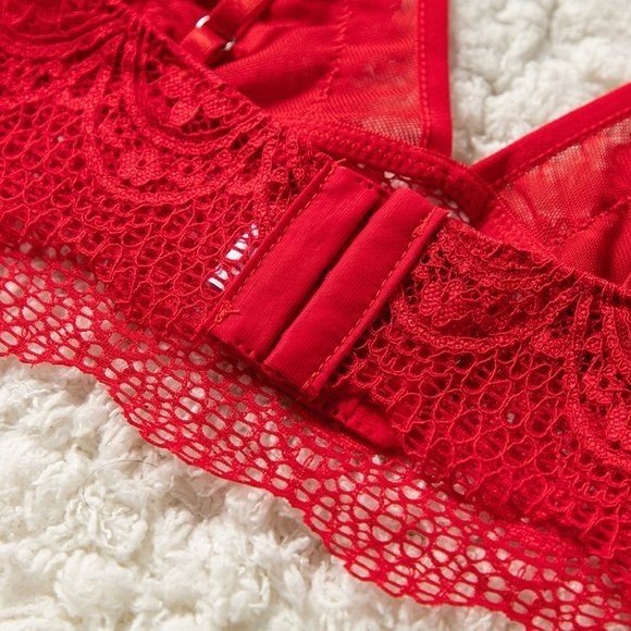 RED Strappy Lace Bralette High Waist Lace Up Panty - Picture 7 of 16